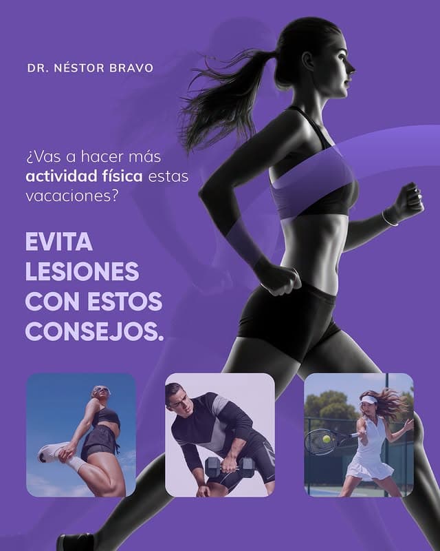Corredora en movimiento sobre fondo morado con consejos para evitar lesiones